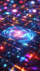 Obraz premium A vibrant digital representation of a galaxy, filled with colorful lights and swirling patterns, evoking a sense of wonder.