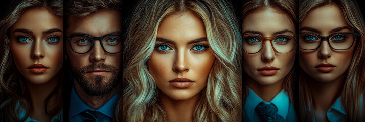 Obraz premium Four stylish individuals with striking eyes display contrasting expressions against a dark background