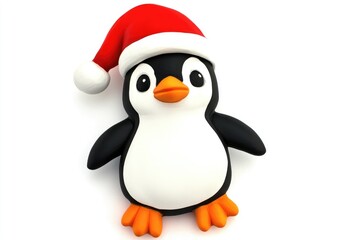 Fototapeta premium Charming penguin character adorned in a vibrant Santa hat, exuding holiday spirit. This delightful figure captures the essence of winter, perfect for seasonal celebrations and joyful moments