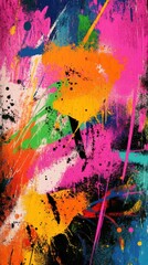 Fototapeta premium A vibrant abstract art piece featuring bold splashes of pink, orange, green, and yellow against a dark background.