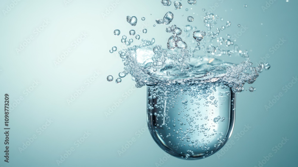 Poster realistic effervescent pill with fizzy bubbles in water. soluble tablet dissolving with sparkling fi