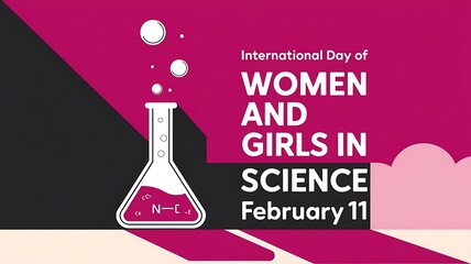 Vibrant Graphic Design for International Day of Women and Girls in Science with Laboratory Flask, Bubbles, and Bold Typography