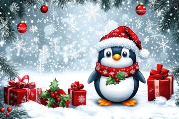 Fototapeta premium A cheerful penguin wearing a red hat and scarf stands among colorful presents surrounded by snowflakes. Evergreen branches frame the joyful scene, capturing the essence of winter celebration