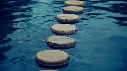 Circular stones are arranged as a pathway across clear water, reflecting light in a calm pool, providing a serene and peaceful atmosphere