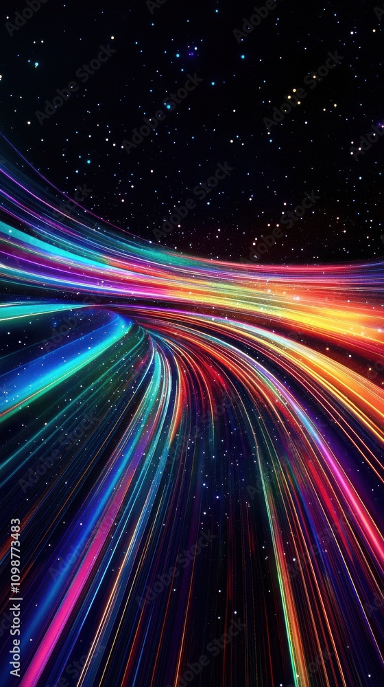 Poster colorful light trails stretch into the starry cosmos, creating a dynamic and mesmerizing effect.