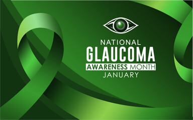 National Glaucoma Awareness Month vector template. January is National Glaucoma Awareness Month vector. Human eye with wavy green awareness ribbon vector. Background, banner, card, poster design.
