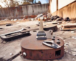 old electric guitar on the street in a pile of garbage