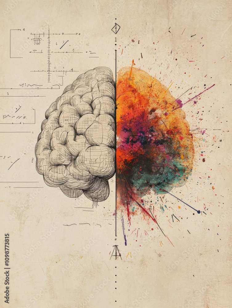 Poster detailed artwork showing the left hemisphere in a realistic style while the right exhibits bright co