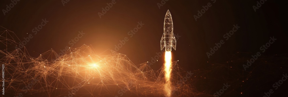 Fototapete Polygonal wireframe rocket launches with vibrant flames, symbolizing innovation and technology in the field of space exploration. Generative AI