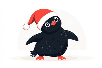 Fototapeta premium Dressed in a bright red Santa hat, a delightful penguin stands joyfully against a light winter backdrop, embodying the spirit of holiday cheer and enchantment during the snowy season