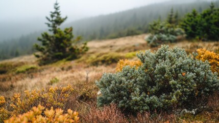Obraz premium Vibrant hardy shrubs with green and golden hues scattered across a misty landscape, surrounded by lush forests and rolling hills.