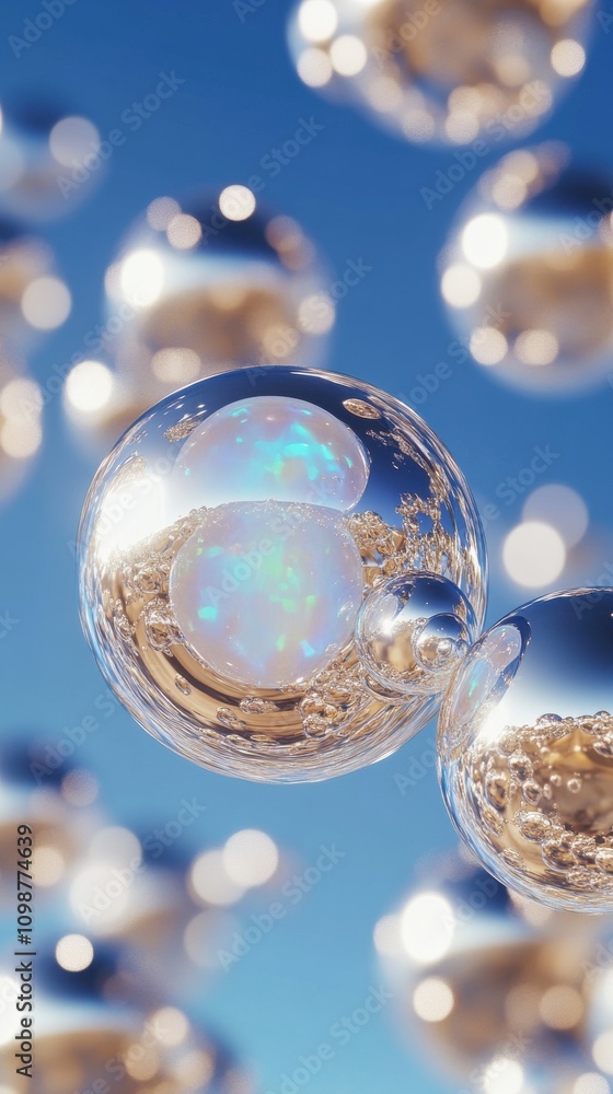 Poster shimmering transparent bubbles floating against a clear blue sky, creating a dreamy and ethereal atm