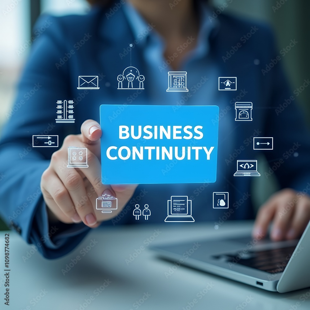 Aufkleber comprehensive business continuity management strategy with icons for risk assessment and operational