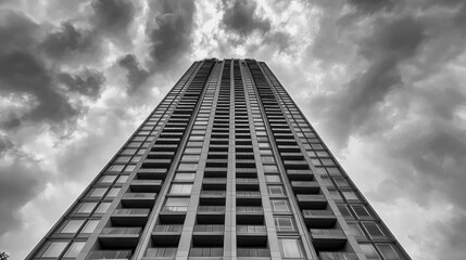 Fototapeta premium Sleek modern skyscraper with a glass facade, captured from a low angle against a dramatic cloudy sky in black and white.