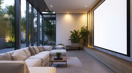 Fototapeta premium enormous blank wall screen in a cozy modern living room, soft ambient lighting