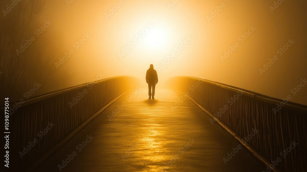 Leinwandbilder a solitary figure traverses an empty bridge enveloped in fog, with the soft glow of sunrise casting 