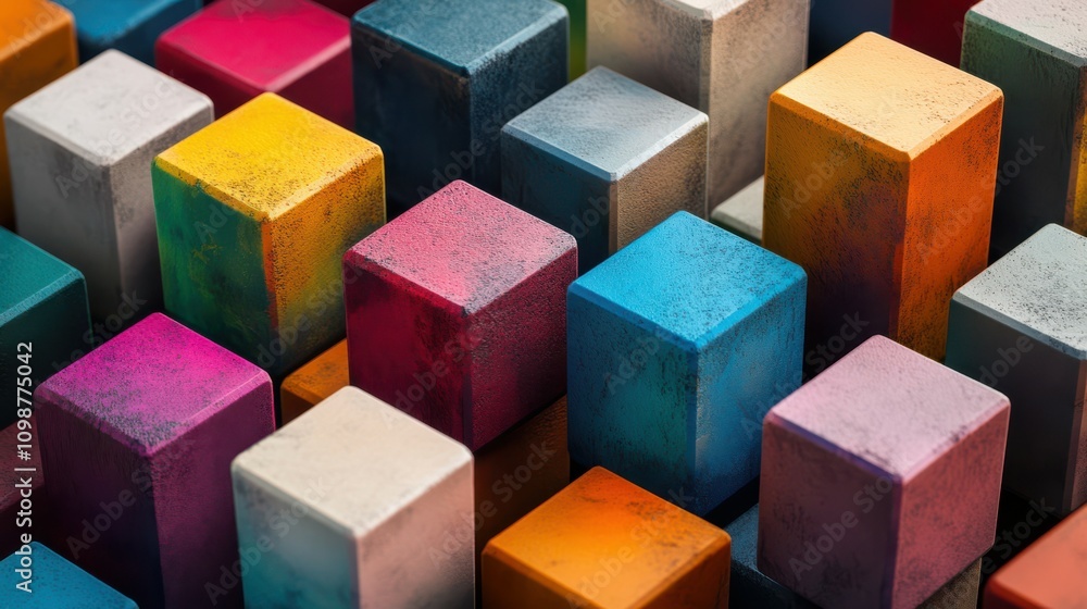 Poster geometric pattern of colorful, interlocking 3d cubes, enhancing the sense of depth and dimension.