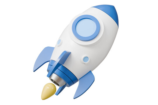 3d Space rocket flying icon. Minimal Toy rocket launch icon on isolated blue background. Successful startup, financial growth, space business, new innovation, new idea, new think concept. 3d render.