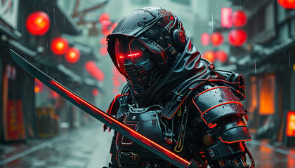 Fototapeta premium Cinematic cyborg samurai with a red neon katana in the rain down a colourful cyberpunk road, neon Tokyo, futuristic koi holograms, Cyberpunk Ninja Warrior