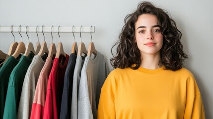 Obraz premium Stylish woman stands confidently amid a colorful clothes rack, embodying fashion curiosity and vibrant flair.