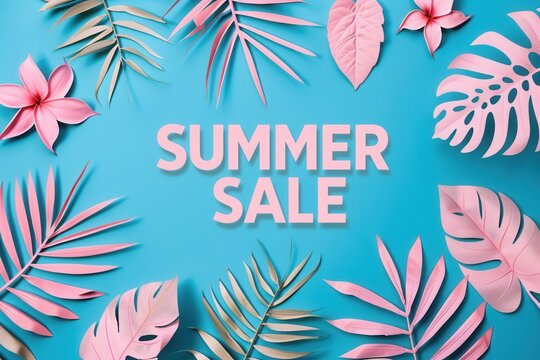 Discount banner with a "SUMMER SALE" text with pink palm leaves against blue background
