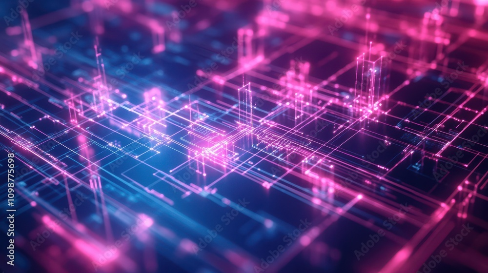 Poster glowing parts of neon virtual blueprint move and rotate. abstract geometric background. pink blue ne