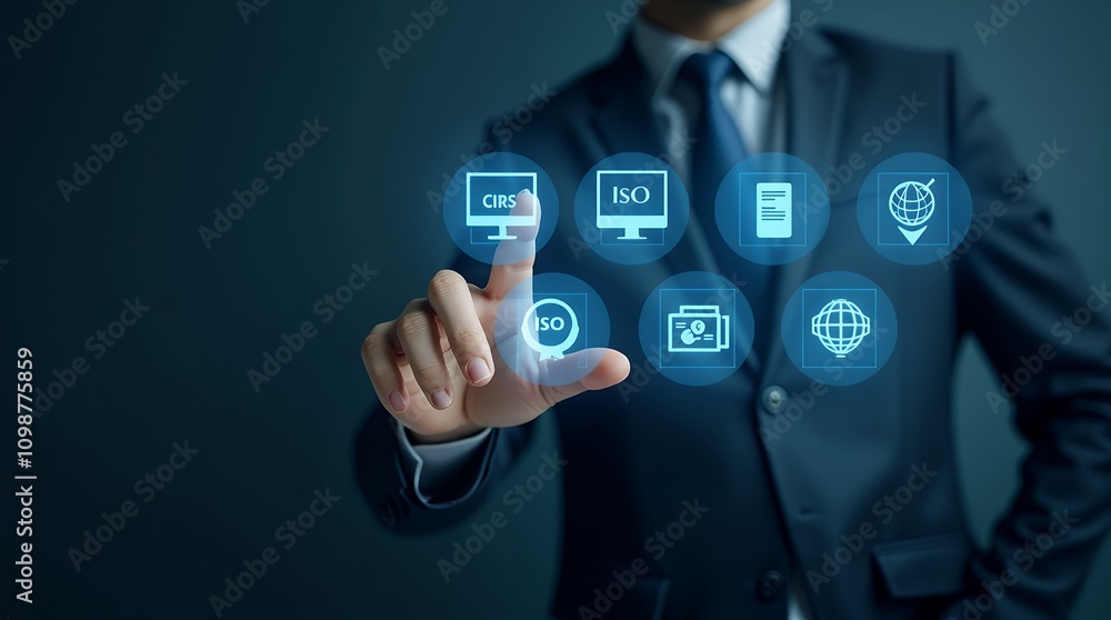 Poster Businessman Engaging with Virtual Icons of ISO Standards and Quality Assurance for Technological Advancements in Business Practices