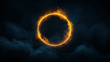 glowing circle inside the abstract dark blue cloud illuminated with yellow neon light, isolated on black background