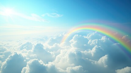 Fototapeta premium Vibrant 3D Cartoon Rainbow Arcing Over Fluffy Clouds in a Bright Blue Sky Enhance your creative projects with this whimsical and colorful depiction of a rainbow amidst soft, billowy clouds.