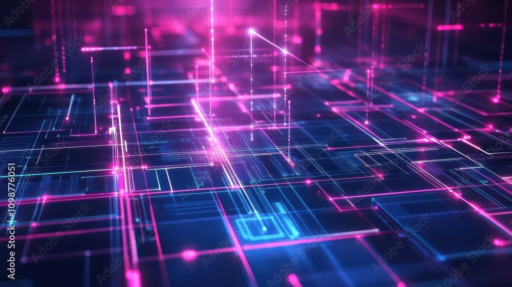 Poster glowing parts of neon virtual blueprint move and rotate. abstract geometric background. pink blue ne