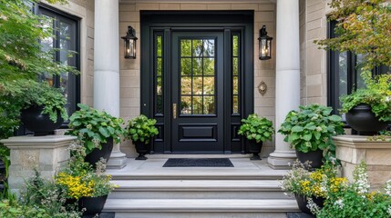 Fototapeta premium Elegant black entrance door with glass panels, flanked by stone columns and lush potted plants, creating a welcoming and sophisticated entryway.