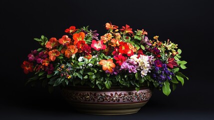 Fototapeta premium Vibrant array of colorful flowers in a decorative pot, showcasing rich hues and lush greenery against a dark background.