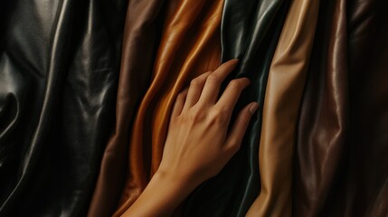 Obraz premium A hand selecting premium leather from an array of deep brown, tan, and black tones, showcasing the artistry of bespoke luxury leather craftsmanship.