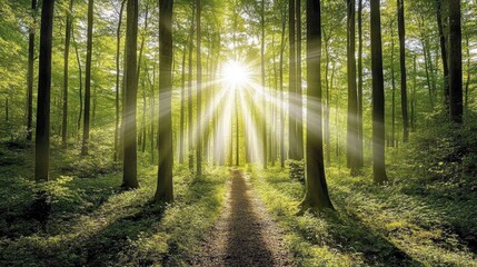 Obraz premium Sunlight streaming through lush green trees, illuminating a tranquil forest path with vibrant foliage and a serene atmosphere.