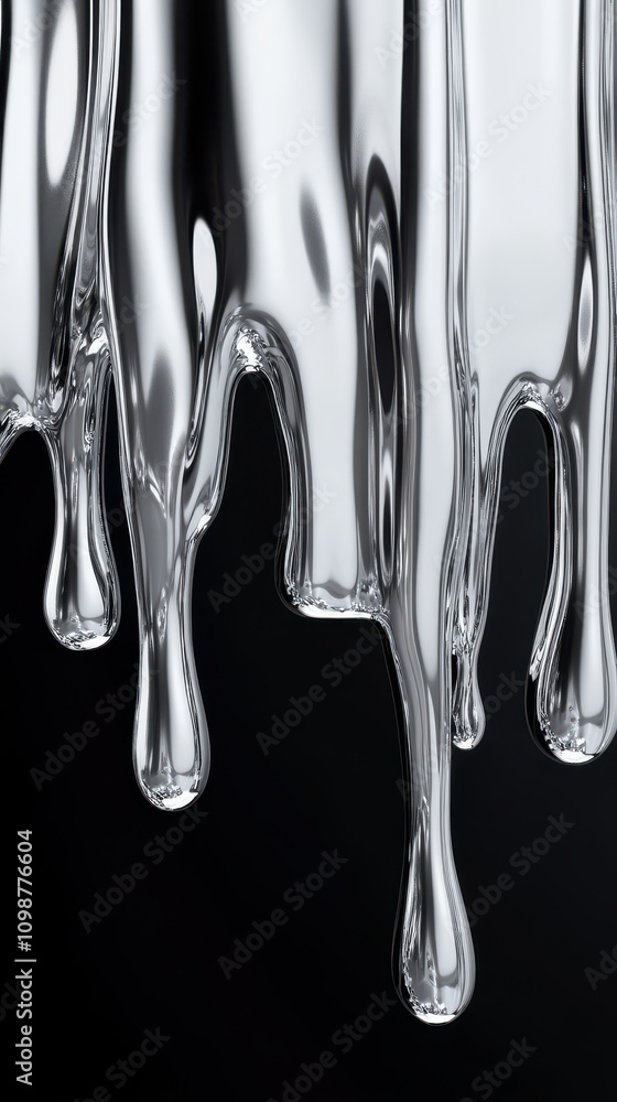 Poster abstract close-up of metallic liquid dripping gracefully against a dark backdrop, creating a sleek a