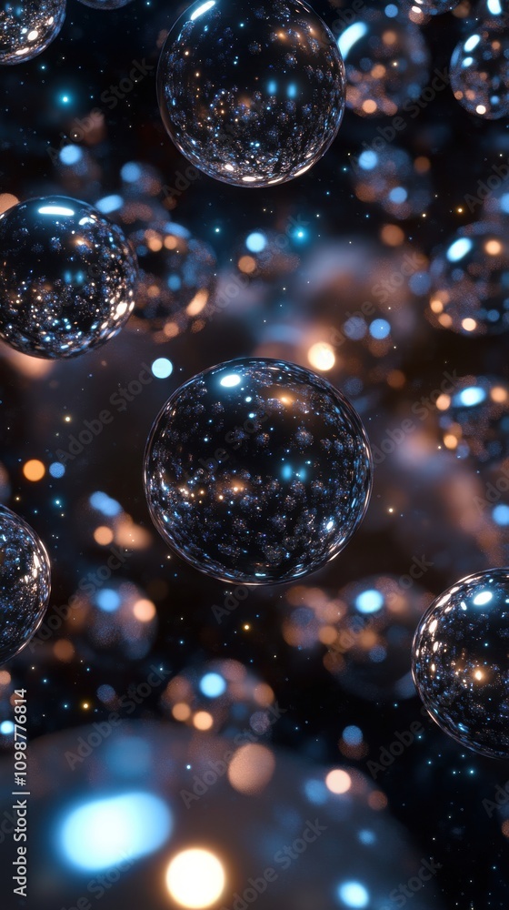 Poster a mesmerizing display of shimmering bubbles floating in a cosmic background, creating a sense of won