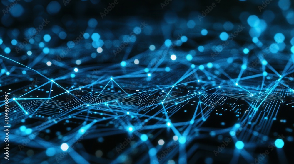Poster the background banner of a digital network circuit board is blue and black with glowing lights and c