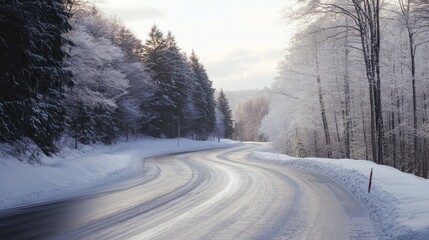 Winter landscape with snowy trees lining a winding road, showcasing a serene scene of winter driving conditions before the tire change.