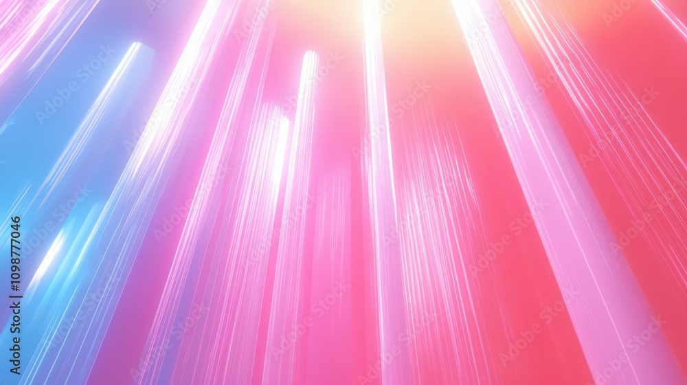 Poster the background features pink and blue glowing lines ascending in a 3d rendering. this is a stunning,