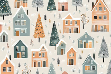 Naklejka premium Snowy Christmas Homes and Outdoor Winter Patterns 