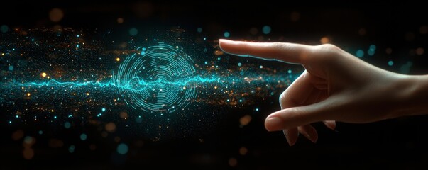 Hand interacting with futuristic digital sound wave interface