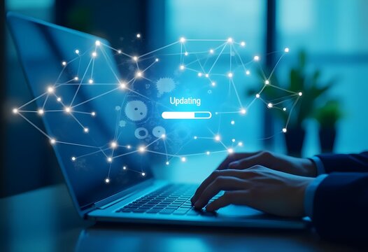 Software Upgrade Concept. Developer improving software with new versions, upgrading operating systems, and modernizing functions to align with advanced equipment and technology
