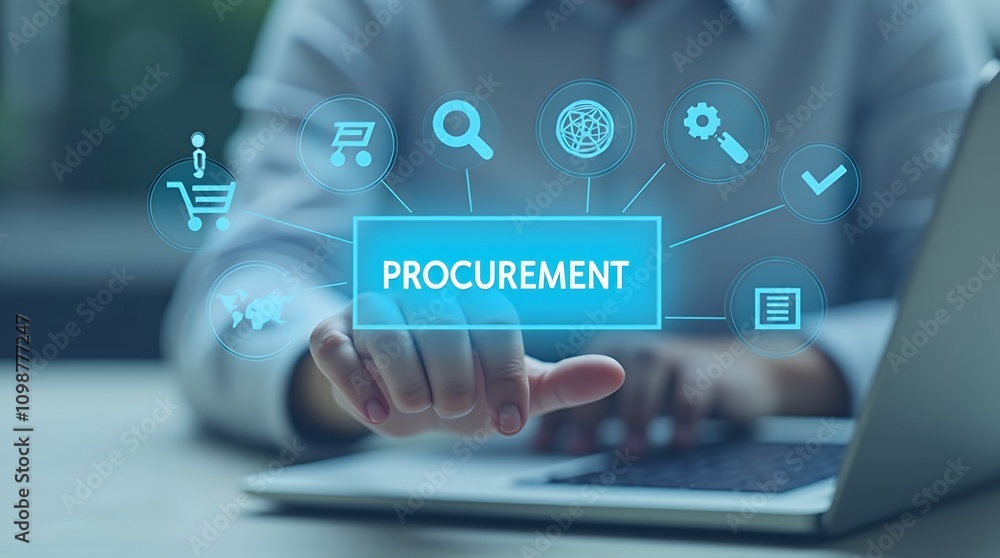 Poster comprehensive procurement management and supply chain icons representing logistics and inventory eff