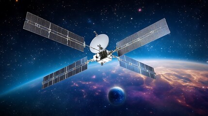 Naklejka premium A communication satellite gliding silently in orbit, set against a vivid space scene with stars and a faint view of a distant planet. 