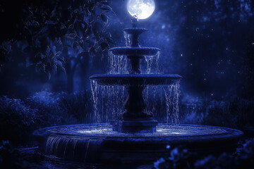 Mystical Moonlit Fountain in Enchanted Garden