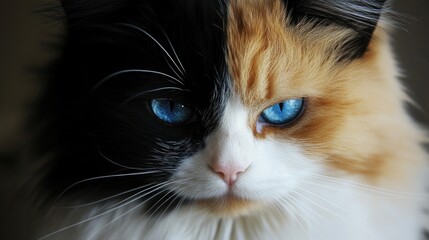Close-up portrait of a tri-colored cat with striking blue eyes, highlighting its distinctive fur patterns and facial features.