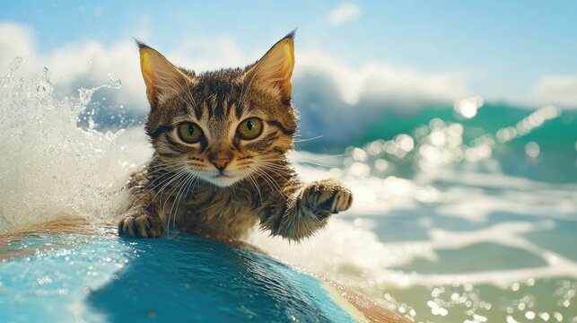 A fearless cat surfing a colorful board amidst crashing waves, showcasing its adventurous spirit and curiosity in a vibrant ocean setting.