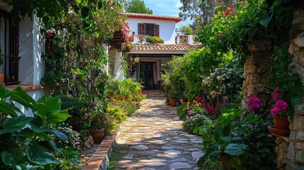 Charming Mediterranean pathway lined with vibrant greenery and colorful flowers, leading to a cozy home surrounded by lush plants and pots.