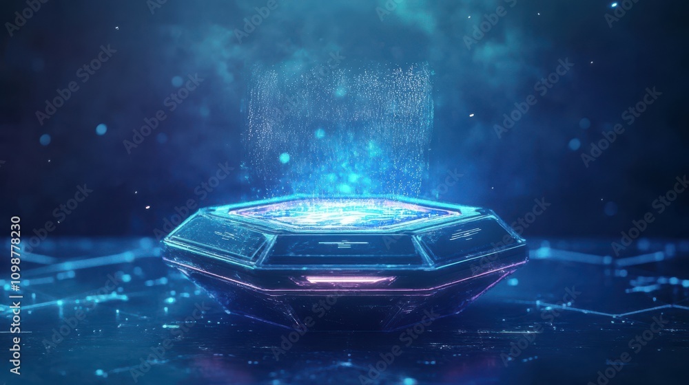 Poster the future of holograms and portals is futuristic. a hexagonal technology capsule with a flashing hu