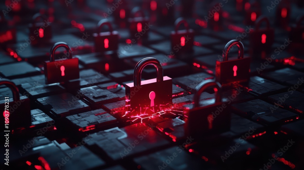 Poster hacker attack. security breach, system hacked, internet cyber attack alert with red broken padlock, 